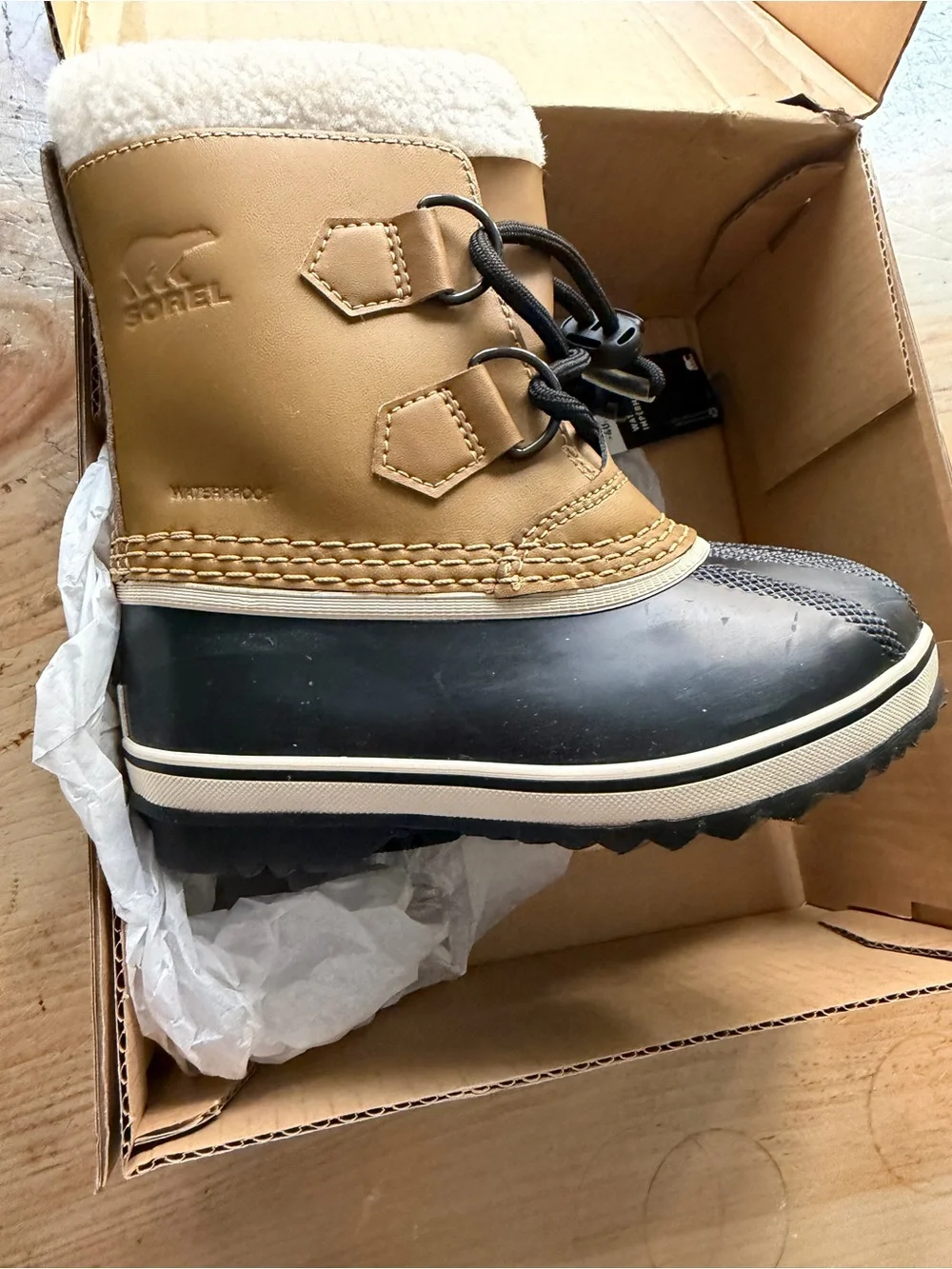 Sorel Kids Waterproof Winter Boot - Black & Tan with Cream Collar